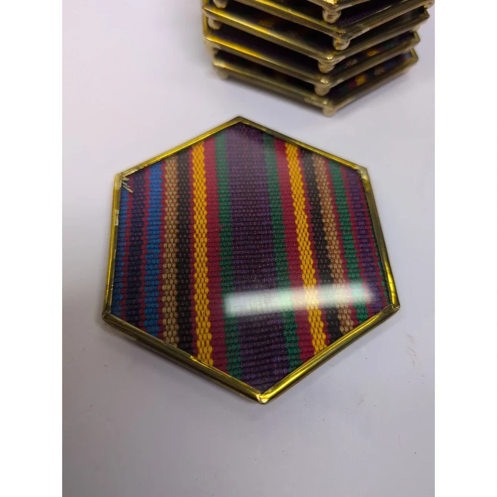 Elegant Glass Coasters In‎ Glass & Brass Case Multicolor Patchwork Set Of 6